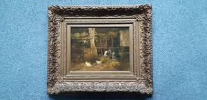 Cornelis Koppenol - Boereninterieur van boerenstal, koeien met kippen. kopen? Bied vanaf 400!