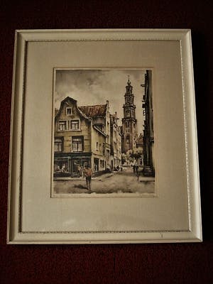 Roger Hebbelinck - Mooie grote handgekleurde Ets "Amsterdam Jordaan Westertoren" mooi gelijst kopen? Bied vanaf 30!