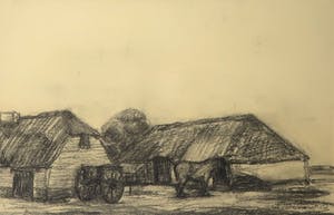 Leon Dekoninck - Houtskooltekening, Boerderij in landschap - Ingelijst kopen? Bied vanaf 10!