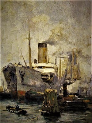 Jan Sirks - GROOT circa 1930 OLIEVERF schilderij "bedrijvigheid in Rotterdam Maashaven" kopen? Bied vanaf 180!