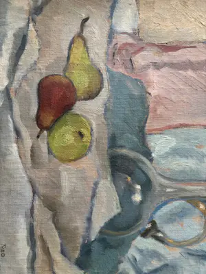 Theo J. Scheer - stilleven met fruit en kan (in pasteltinten) kopen? Bied vanaf 85!