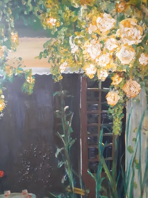 Niet of onleesbaar gesigneerd - Patio met bloemen - zeer groot - ingelijst kopen? Bied vanaf 10!