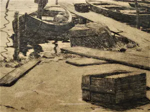 Willem Witjens - Mooie grote Ets "afgemeerde bootjes bij Hattem" potloodgesigneerd - orig. lijst kopen? Bied vanaf 35!