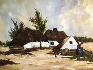 Niet of onleesbaar gesigneerd - Boerenerf met boerin en kippen. verkocht voor € 1!