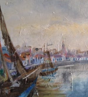 Niet of onleesbaar gesigneerd - Circa 1955 - "Botters op scheepswerf aan water" kopen? Bied vanaf 1!