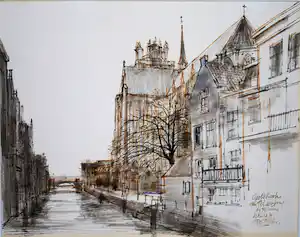 Otto Dicke - Dordrecht, Voorstraatshaven met Grote kerk - klasse tekening [1981] verkauft für € 305!