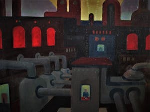 Theo Stiphout - Olieverf ca. 1940 - Nieuwe Zakelijkheid - "Nachtdienst in de Fabriek" - gesigd kopen? Bied vanaf 380!
