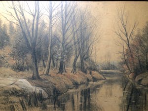 Gerard Krol - Bomen langs het water -Krijttekening, Ingelijst kopen? Bied vanaf 90!