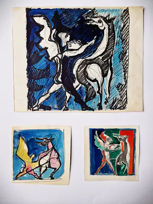 Dick Elffers - Lot van 5 diverse tekeningen/ontwerpen - St Joris en de Draak - gesigneerd kopen? Bied vanaf 49!