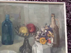 Wil van Dinther - gevarieerd stilleven met oa bloemen en fles wijn kopen? Bied vanaf 195!