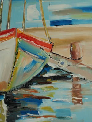 Niet of onleesbaar gesigneerd - Acrylverf op doek, Bootje in de haven kopen? Bied vanaf 10!