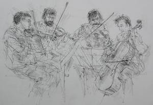 Piet Klaasse - 2 tekeningen op 1 vel: Strijk kwartet + huis op achterijde - 1990 kopen? Bied vanaf 75!