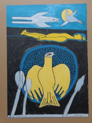 Corneille - GELE VOGEL & NAAKT / KLEURLITHO / 70x50cm / SIG / 2001 kopen? Bied vanaf 95!