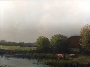 Niet of onleesbaar gesigneerd - 2 fraaie landschapsschilderijtjes met koeien en eenden kopen? Bied vanaf 1!