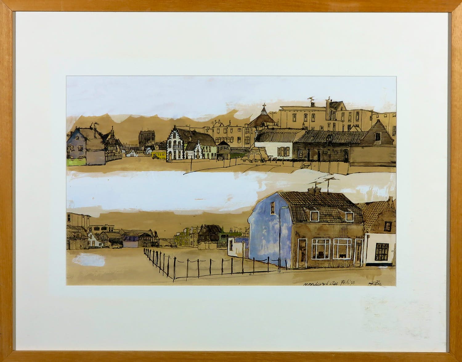 Arien van Waterland - Inkttekening, Noordwijk aan Zee - Ingelijst verkocht voor € 35!