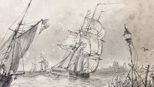 Ludolf Bakhuizen - Inkttekening, Gezicht op schepen kopen? Bied vanaf 1!