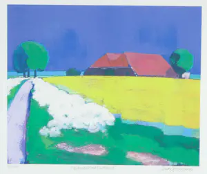 Jentsje Popma - Zeefdruk, Koolzaadveld met fluitekruid - Ingelijst kopen? Bied vanaf 80!