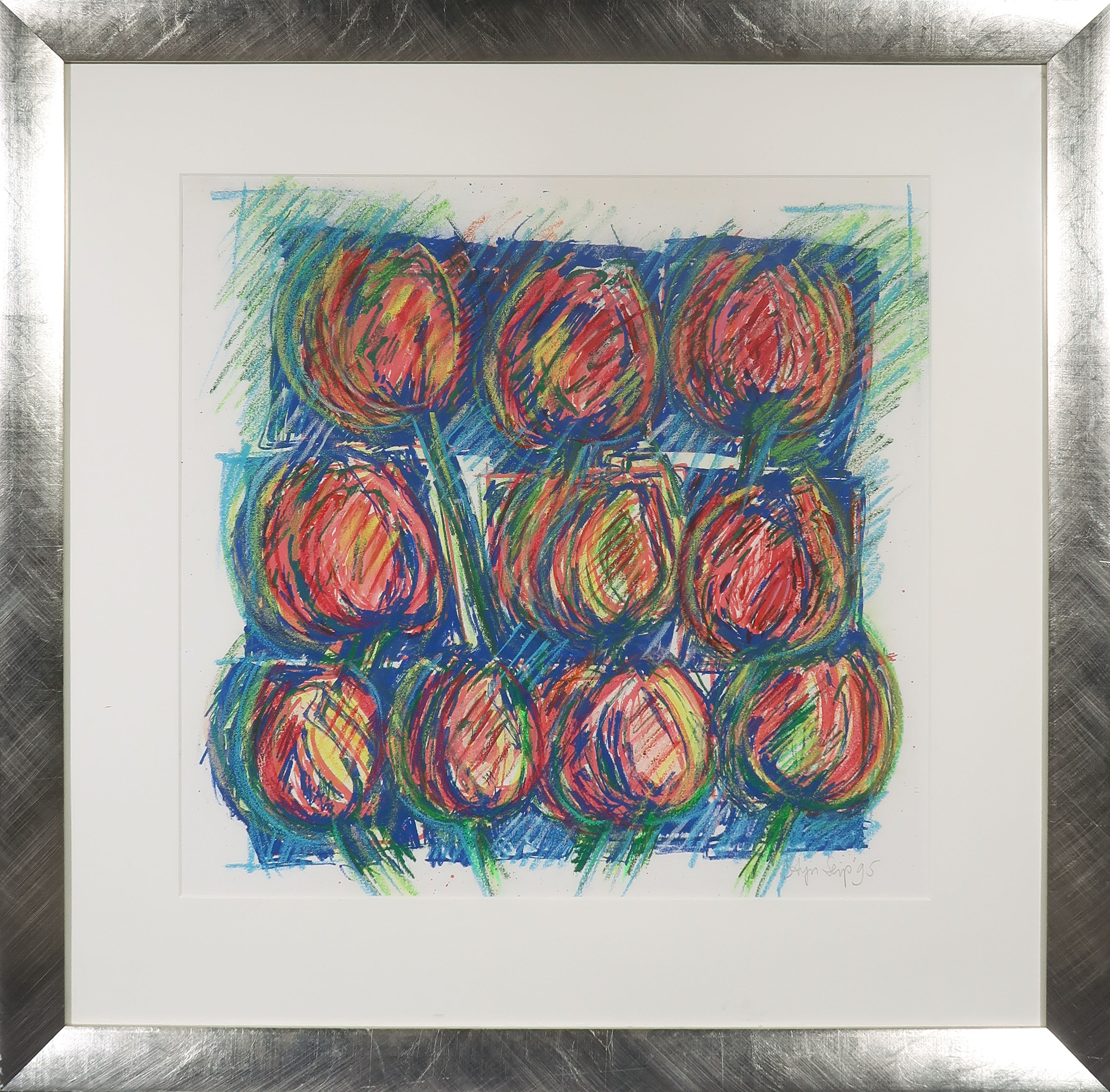 Stijn Seip - Krijt op papier, Tien tulpen - Ingelijst verkocht voor € 35!