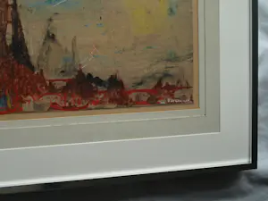 Rene De Coninck - Gemengde techniek op karton , Ingelijst , ‘Stadsgezicht’ - 1956 kopen? Bied vanaf 1!