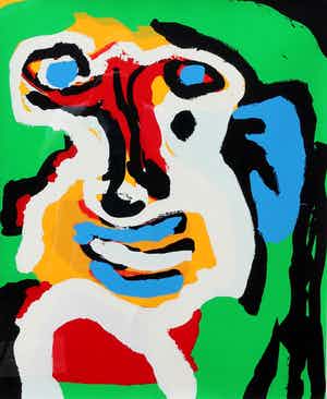 Karel Appel - zeefdruk: Head against green grass - 1977 (prachtige nieuwe lijst!) verkocht voor € 1350!