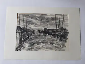 Hugo Liebe - Krijttekening, Haventje te Rijpwetering bij avond. kopen? Bied vanaf 20!