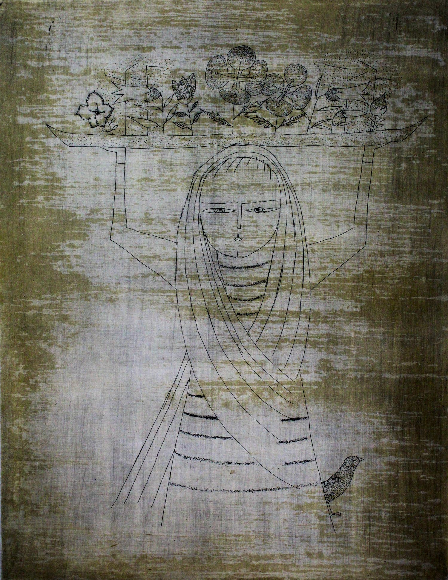 Keiko Minami - Ingelijste ets: Bloemverkoopster - 1959 verkocht voor € 149!