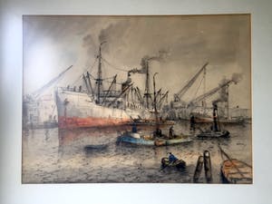 Willem Bos - Drukte in de Rotterdamse Haven - Gemengde techniek, Ingelijst kopen? Bied vanaf 240!