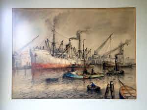 Willem Bos - Drukte in de Rotterdamse Haven - Gemengde techniek, Ingelijst verkocht voor € 240!