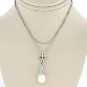 14k wit gouden collier met hanger bezet met parel en single cut geslepen diamant kopen? Bied vanaf 260!