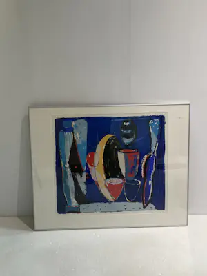 Piet Warffemius - "La Luna" kleurrijke grote abstracte zeefdruk in lijst, 1980s kopen? Bied vanaf 25!