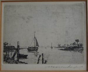 Maarten Langbroek - Ingelijste ets + envelop met info , IJsselmeer (?) – ca. 1970 kopen? Bied vanaf 35!