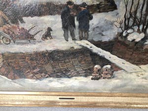 Dora Brandenburg-Polster - Het stapelen van de turf in winter, Olieverf op Doek, Ingelijst - Groot werk! kopen? Bied vanaf 299!