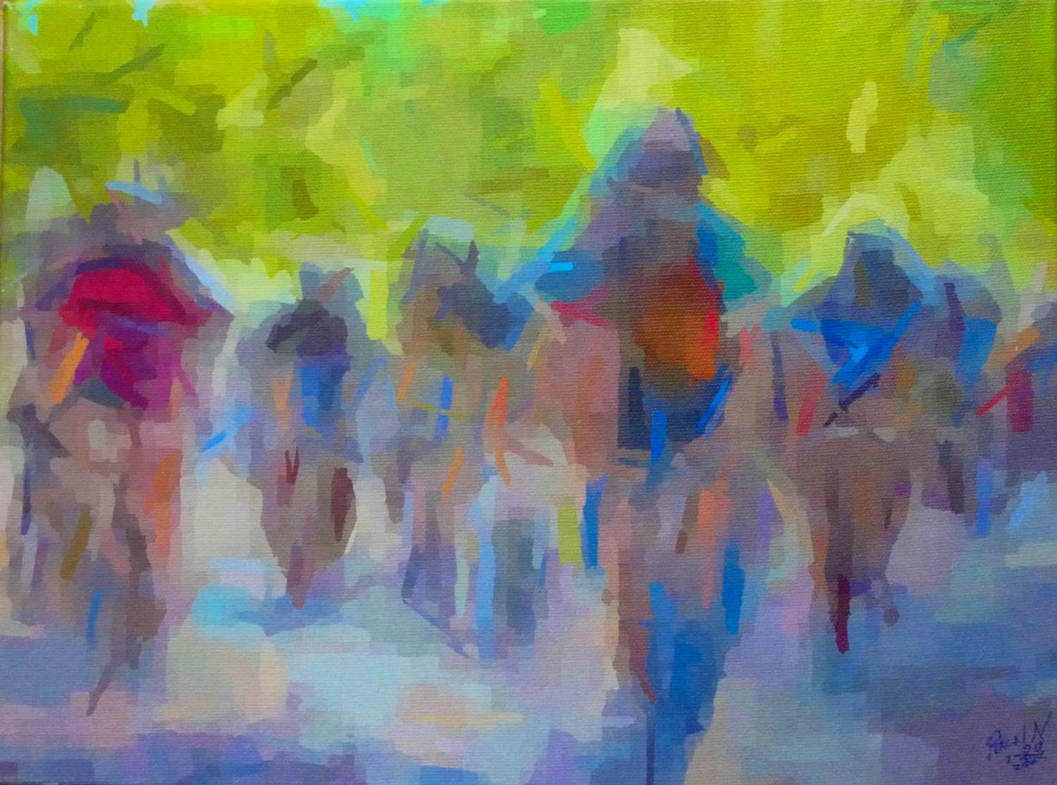 Paul Nieuwendijk - Wielrenners onder de platanen. verkocht voor € 70!