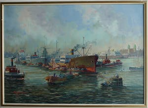 Niet of onleesbaar gesigneerd - Olieverf op doek , Havengezicht, Rotterdam? – ingelijst & gesigneerd kopen? Bied vanaf 1!