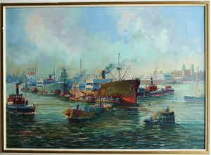 Niet of onleesbaar gesigneerd - Olieverf op doek , Havengezicht, Rotterdam? – ingelijst & gesigneerd verkocht voor € 1!