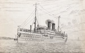 Eugene Rensburg - Drie grote inkttekeningen van stoomschepen kopen? Bied vanaf 20!