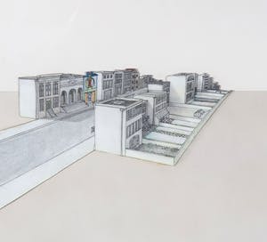 Jeroen Henneman - Tekening en hout assemblage, Gezicht op een straat - Ingelijst (Groot) kopen? Bied vanaf 600!