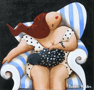 Susan Ruiter - Acrylverf op doek, Z.T. (dame met een poes op een fauteuil) - Ingelijst kopen? Bied vanaf 100!