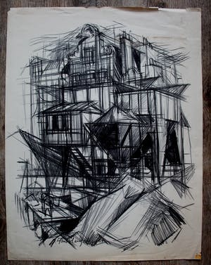 Hans Vleugels - Krijttekening: Gevel van een gebouw - 1961 kopen? Bied vanaf 49!