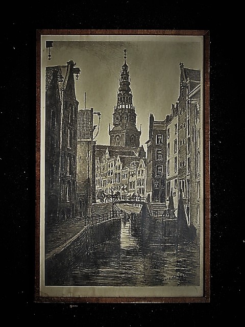 Louis Landre - gesigneerde Ets Amsterdam Oudezijds kolk en Oude kerk" ca 1920 kopen? Bied vanaf 1!