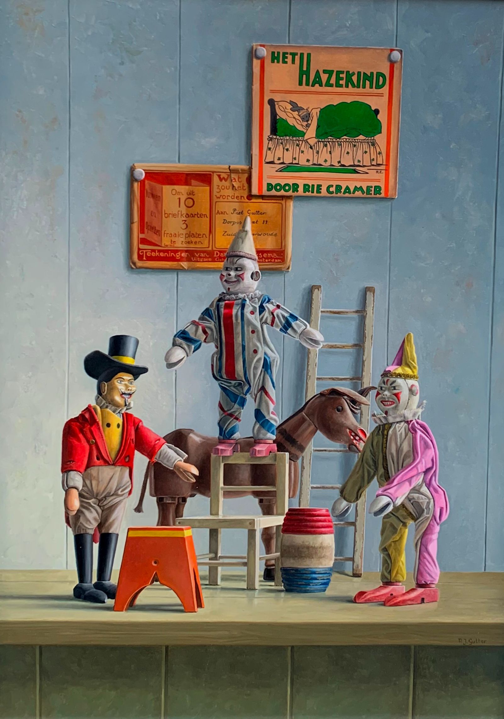 Piet Gutter - Ingelijste olieverf op board: Compositie van 3 poppen en een ezel kaufen? Bieten Sie von 1750!