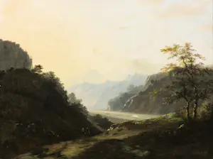 Hendrick Gerrit ten Cate - Olieverf op doek, Reizigers in bergachtig rivierlandschap - Ingelijst kopen? Bied vanaf 500!