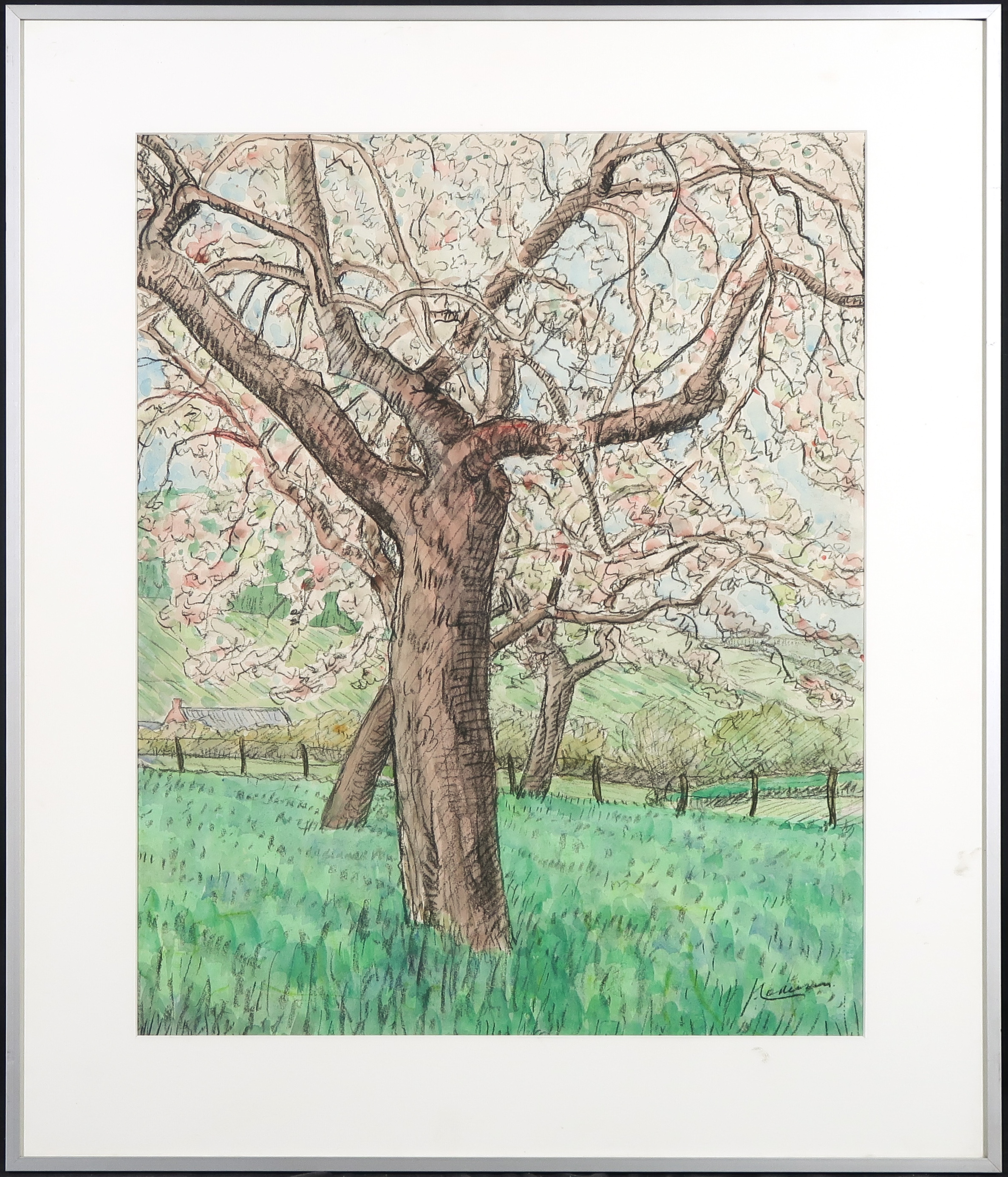 Jo Lodeizen - Aquarel en krijt, Bloesem - Ingelijst verkocht voor € 70!