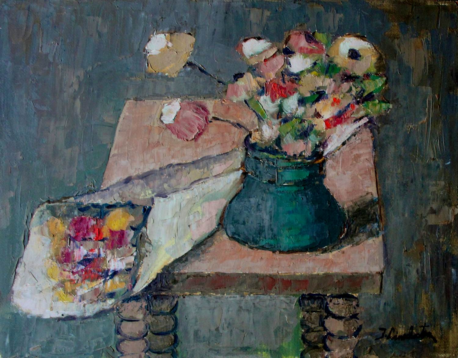 Jan Linschooten - Olieverf op board: Stilleven met bloemen verkocht voor € 225!