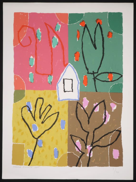 Harrie Gerritz - Harrie Gerritz: Zeefdruk, Z.T. Compositie met huis en bloemen kopen? Bied vanaf 35!