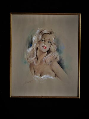 Niet of onleesbaar gesigneerd - Leuke, gesigneerde, originele jaren 50 Pastel "Pin Up" kopen? Bied vanaf 10!