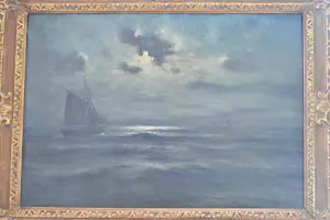 Buy Romain Steppe - Vissersboot onder zeil varend bij maanlicht dicht bij het strand? Bid from 180!