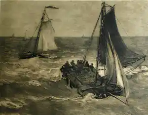 Hendrik Willem Mesdag - & C.L. Dake : Grote ingelijste ets , Vissersboten bij Scheveningen – 1879 verkauft für € 241!