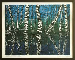 Elsbeth Cochius - Berken in het veen | linosnede - unicum? (ingelijst) verkocht voor € 59!