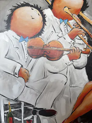 Theo Broeren - Glicée met Acryl op doek “ Muziek spelen “ (ZEER GROOT) kopen? Bied vanaf 145!